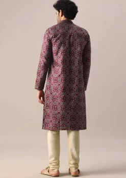 Red Printed Kurta Set In Silk