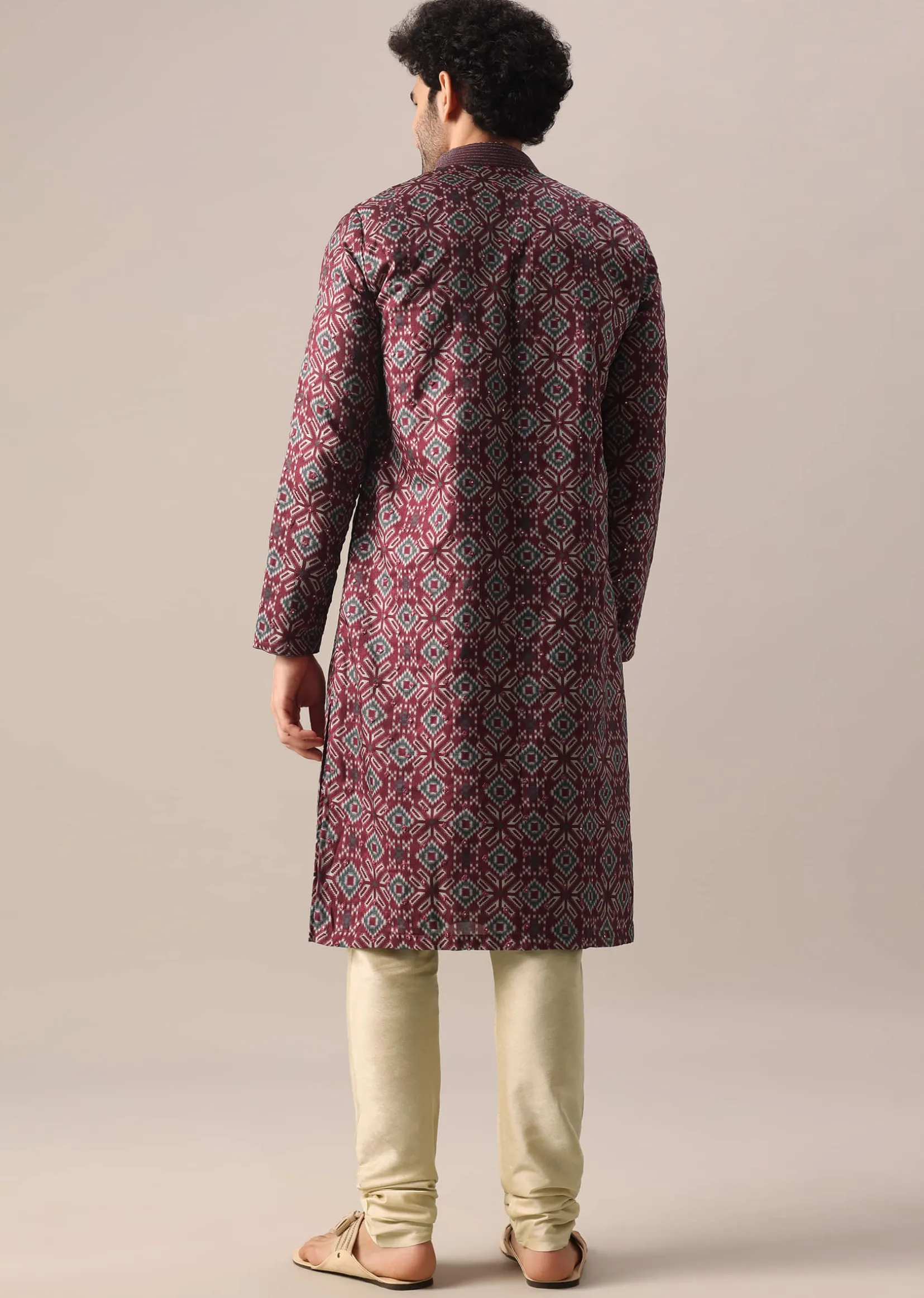 Red Printed Kurta Set In Silk