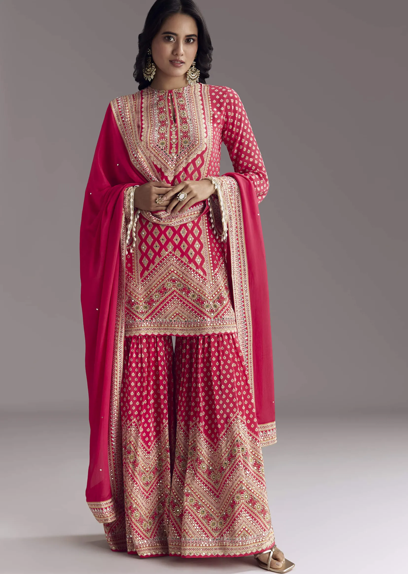 Red Printed Sharara Set