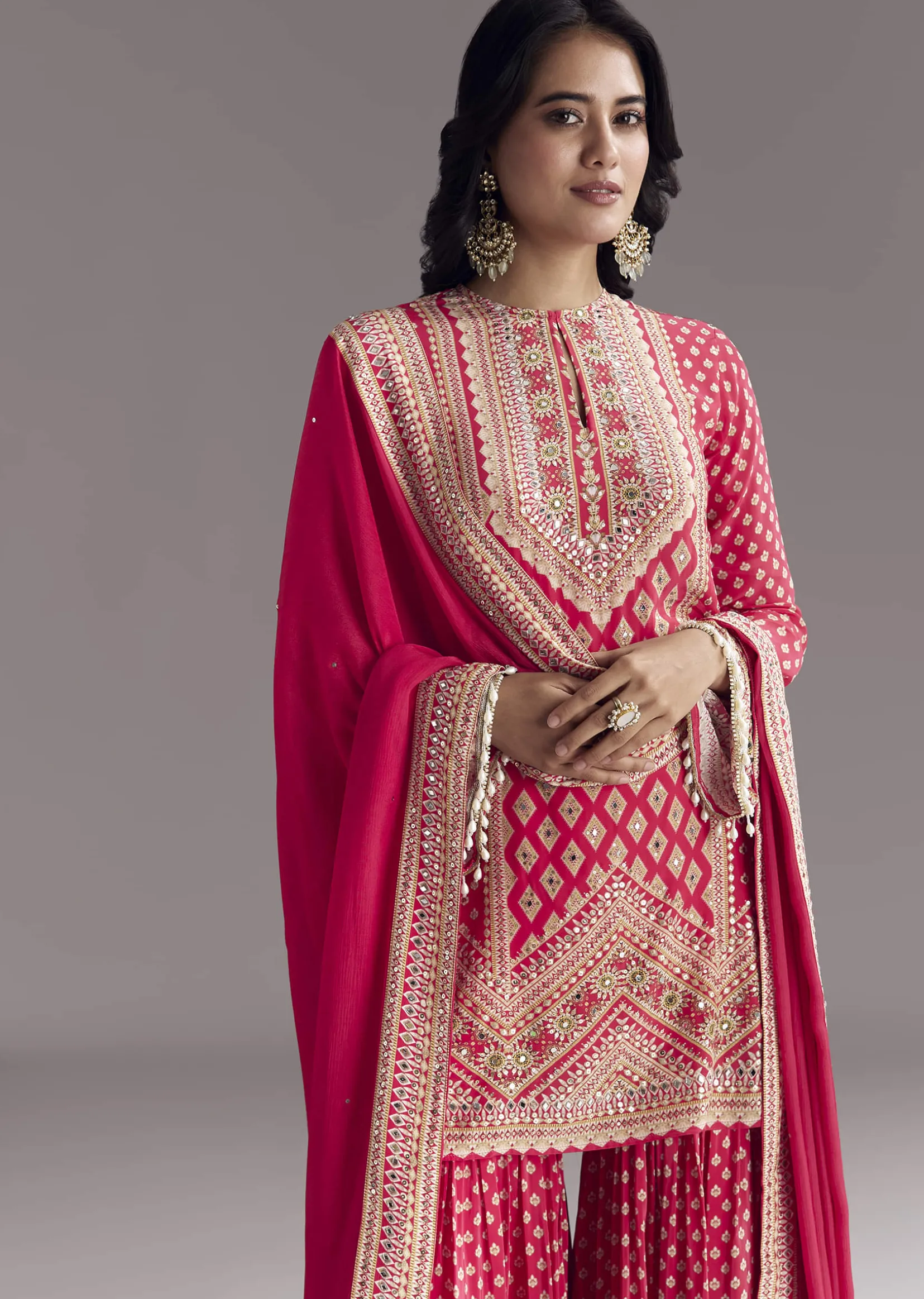 Red Printed Sharara Set