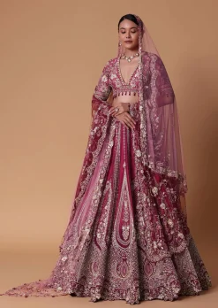 Red Raw Silk Cutdana Lehenga Set With Trail Dupatta