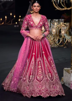 Red Raw Silk Cutdana Lehenga Set With Trail Dupatta