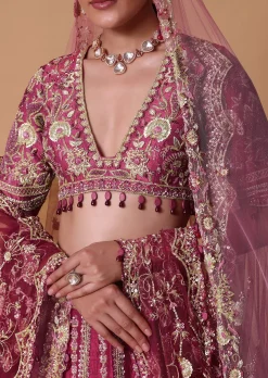 Red Raw Silk Cutdana Lehenga Set With Trail Dupatta