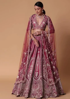 Red Raw Silk Cutdana Lehenga Set With Trail Dupatta