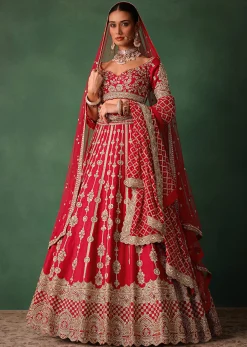 Red Raw Silk Hand Embroidered Lehenga With Net Dupatta