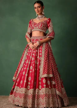 Red Raw Silk Hand Embroidered Lehenga With Net Dupatta