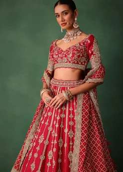 Red Raw Silk Hand Embroidered Lehenga With Net Dupatta