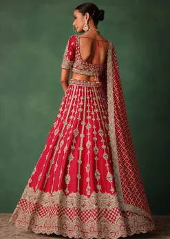Red Raw Silk Hand Embroidered Lehenga With Net Dupatta