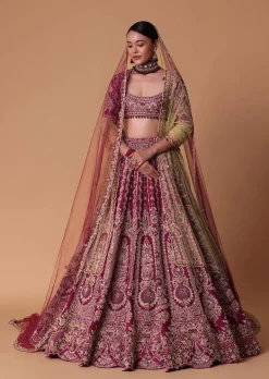 Red Raw Silk Lehenga Set With Cutout Back Velvet Blouse