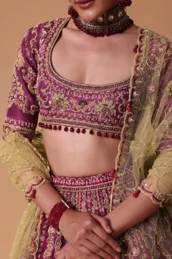 Red Raw Silk Lehenga Set With Cutout Back Velvet Blouse