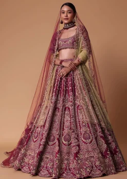 Red Raw Silk Lehenga Set With Cutout Back Velvet Blouse