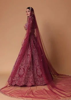 Red Raw Silk Lehenga Set With Cutout Back Velvet Blouse