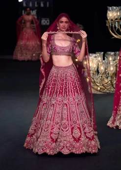 Red Raw Silk Lehenga Set With Cutout Back Velvet Blouse