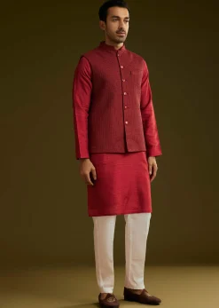 Red Rayon Kurta Jacket Set