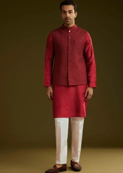 Red Rayon Kurta Jacket Set