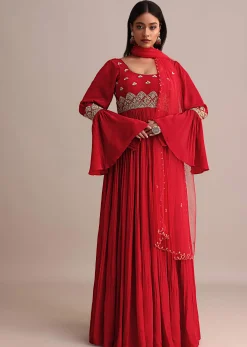 Red Ruched Anarkali Suit With Dupatta