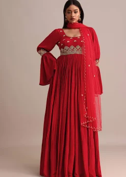 Red Ruched Anarkali Suit With Dupatta