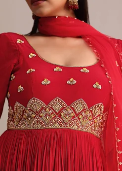 Red Ruched Anarkali Suit With Dupatta