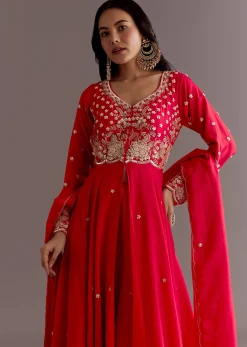 Red Russian Silk Front Slit Cutdana Beaded Kurta Set With Dupatta