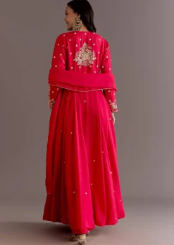 Red Russian Silk Front Slit Cutdana Beaded Kurta Set With Dupatta
