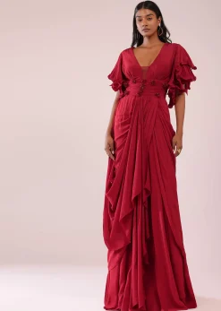 Red Saree Gown In Crepe With Frill Sleeves And Delicate Hand Embroidery