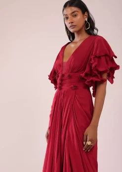Red Saree Gown In Crepe With Frill Sleeves And Delicate Hand Embroidery