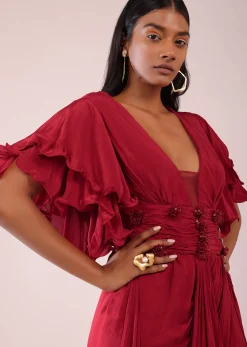 Red Saree Gown In Crepe With Frill Sleeves And Delicate Hand Embroidery