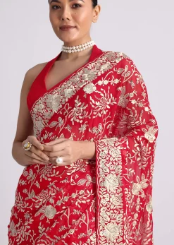 Red Saree In Georgette with Parsi Gara Work