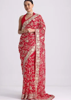 Red Saree In Georgette with Parsi Gara Work