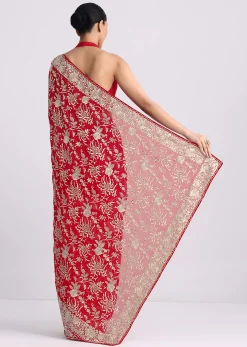Red Saree In Georgette with Parsi Gara Work