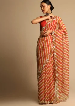 Red Saree In Organza With Striped Print All Over And Moti Embroidered Border Along With Unstitched Blouse