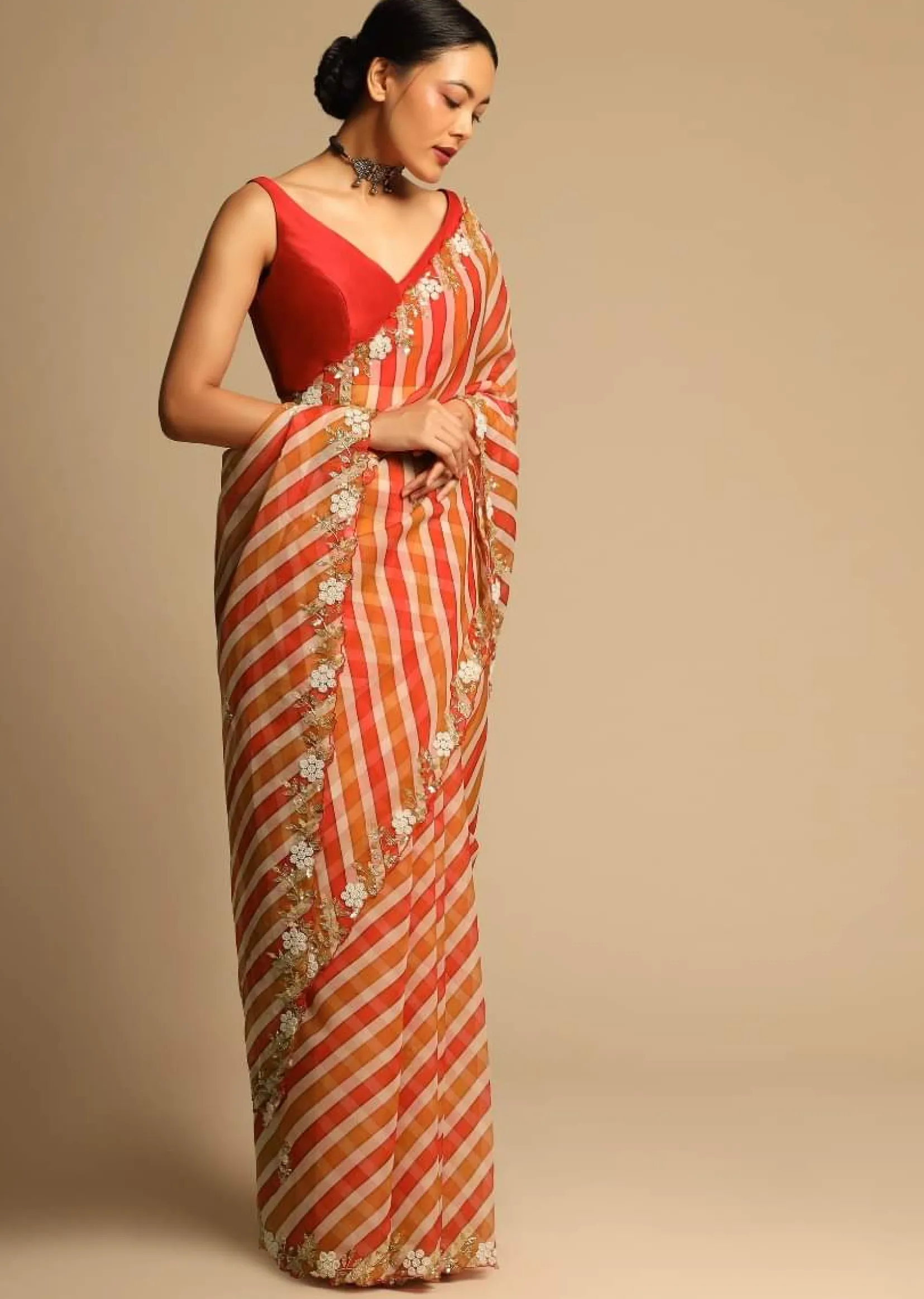 Red Saree In Organza With Striped Print All Over And Moti Embroidered Border Along With Unstitched Blouse