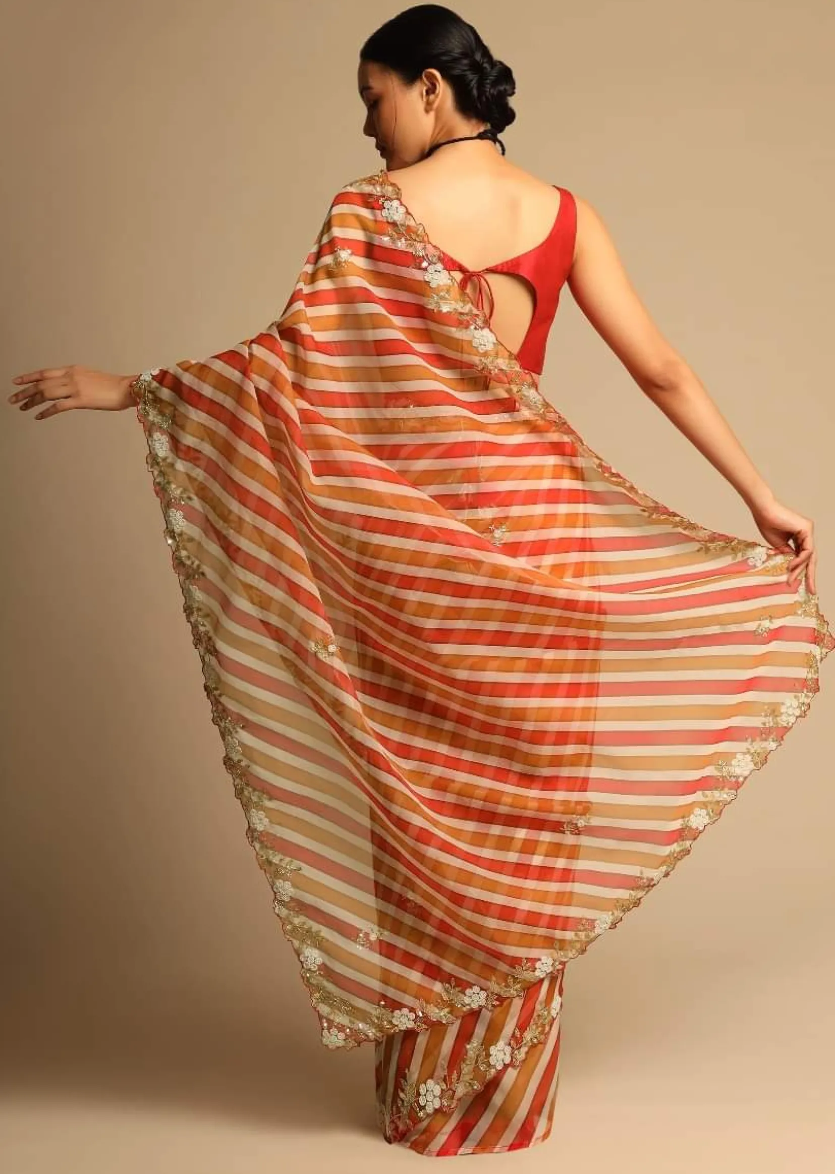 Red Saree In Organza With Striped Print All Over And Moti Embroidered Border Along With Unstitched Blouse