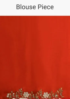 Red Saree In Organza With Striped Print All Over And Moti Embroidered Border Along With Unstitched Blouse