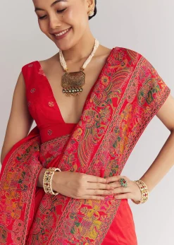 Red Saree With Traditional Floral And Animal Prints