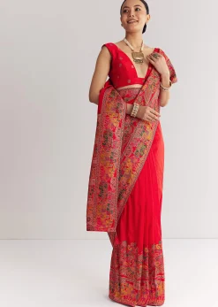 Red Saree With Traditional Floral And Animal Prints