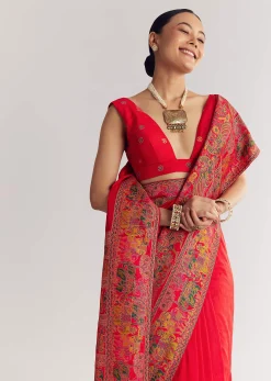 Red Saree With Traditional Floral And Animal Prints
