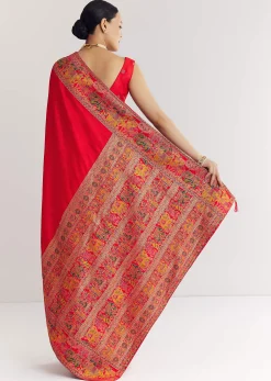 Red Saree With Traditional Floral And Animal Prints