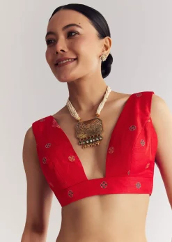 Red Saree With Traditional Floral And Animal Prints