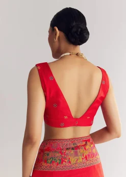 Red Saree With Traditional Floral And Animal Prints