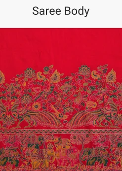 Red Saree With Traditional Floral And Animal Prints
