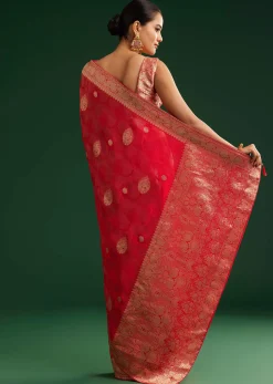Red Saree With Zari Motif and Heavy Embroidered Blouse