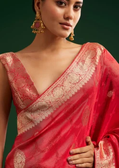 Red Saree With Zari Motif and Heavy Embroidered Blouse