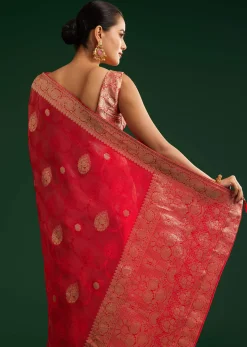 Red Saree With Zari Motif and Heavy Embroidered Blouse