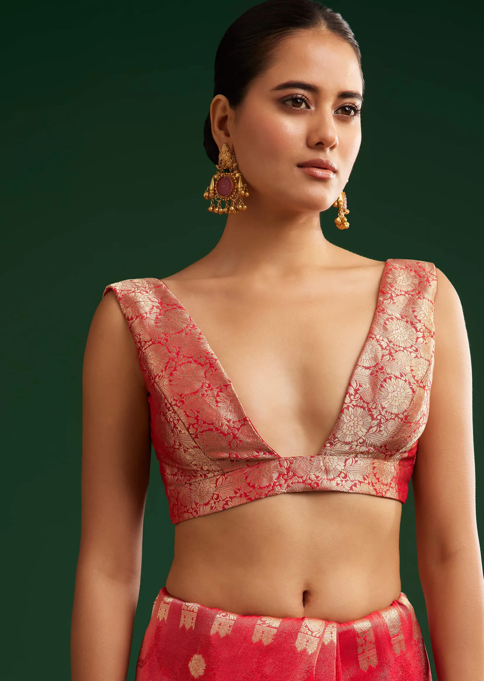 Red Saree With Zari Motif and Heavy Embroidered Blouse