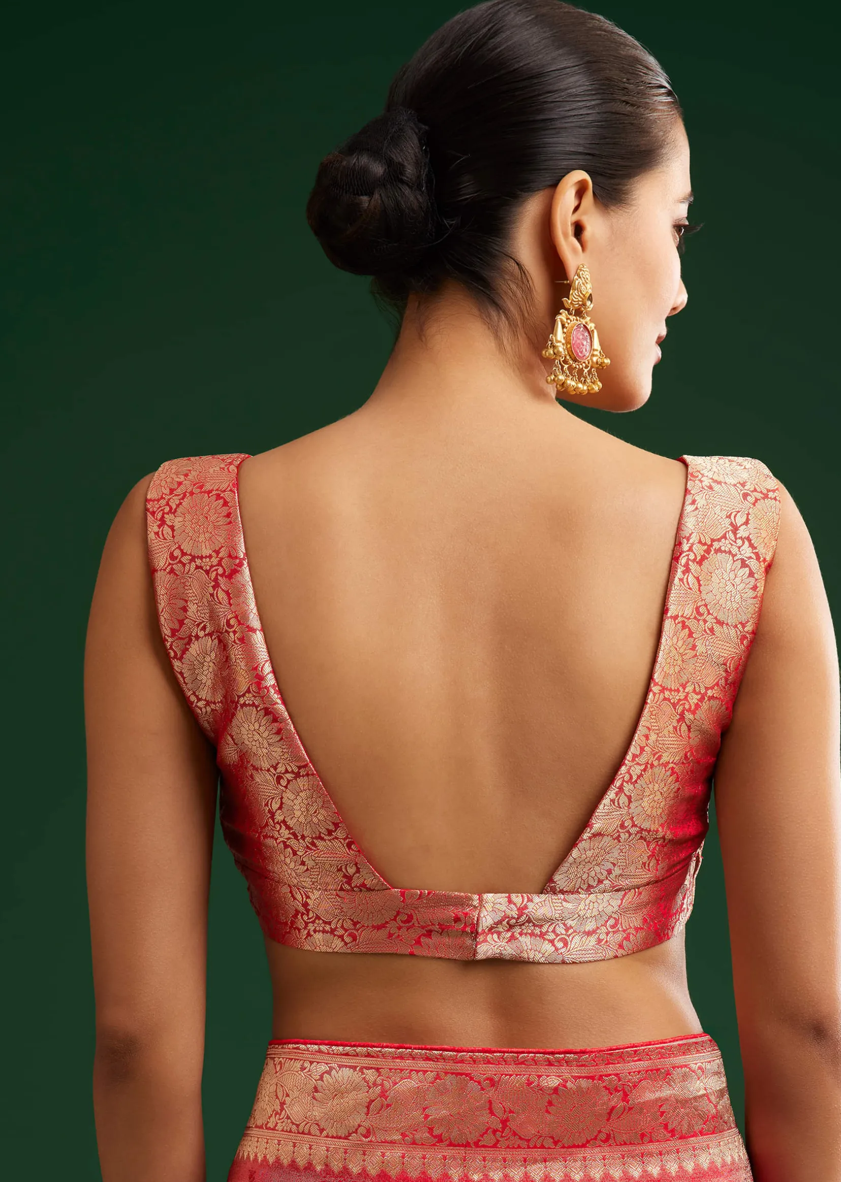 Red Saree With Zari Motif and Heavy Embroidered Blouse