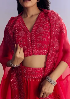 Red Satin Crop Top Set With Embroidered Organza Cape