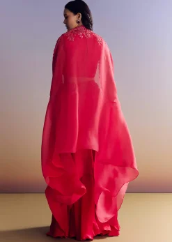 Red Satin Crop Top Set With Embroidered Organza Cape