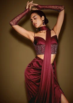 Red Satin Drape Skirt With Embroidered Blouse And Drape Dupatta