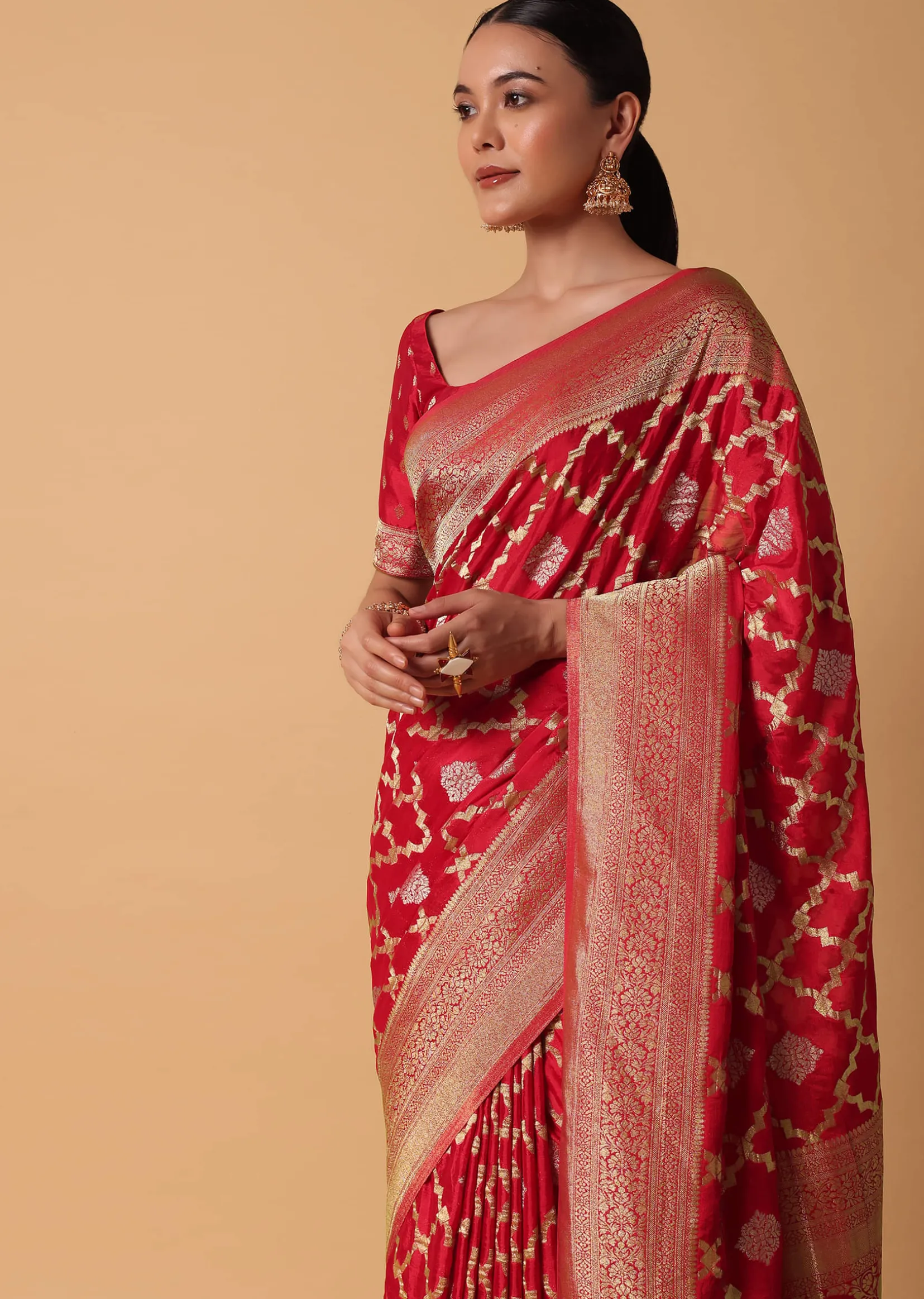 Red Satin Organza Saree With Moroccan Jaal Weave And Unstitched Blouse Piece